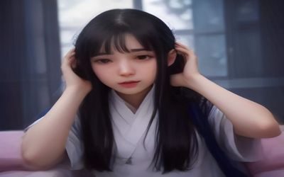 女大学生的沙龙室美发区，专业设计师正在为女大学生修剪日系空气刘海，镜前灯温暖光线，画面清新精致